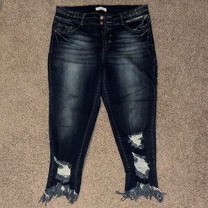 Kancan Dark Wash Distressed Ankle Jeans